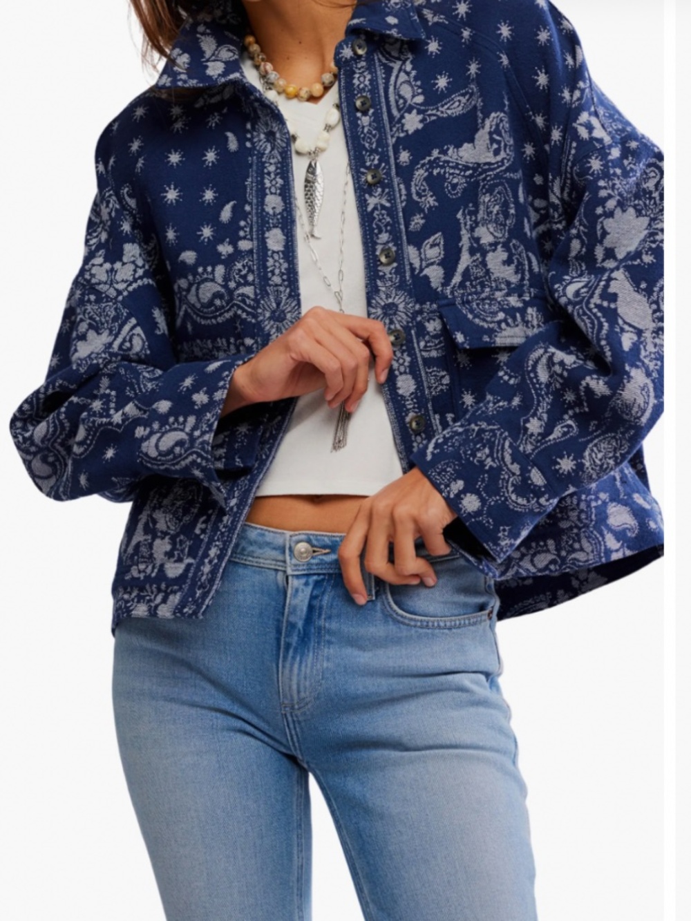 We The Free Bandana Jacquard Shirt Jacket in Indigo Blue Sz M NWT $198R - Picture 2 of 11